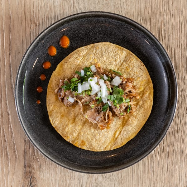 Overhead view of a single taco with shredded meat, cilantro, and onions on a dark plate.